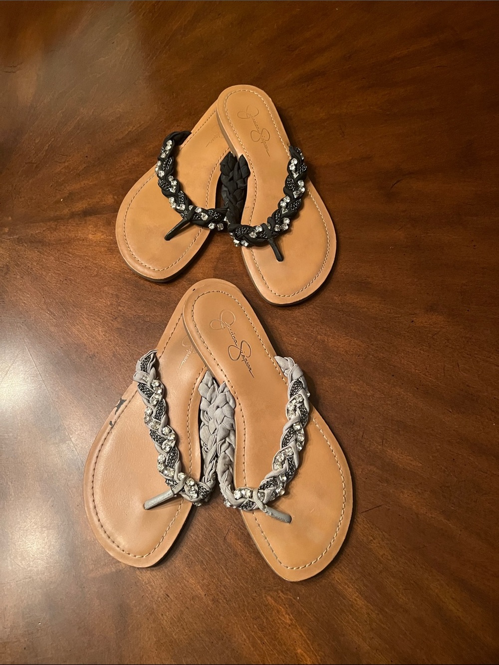 Jessica Simpson Braided Rhinestone Flip Flops - Black & Gray